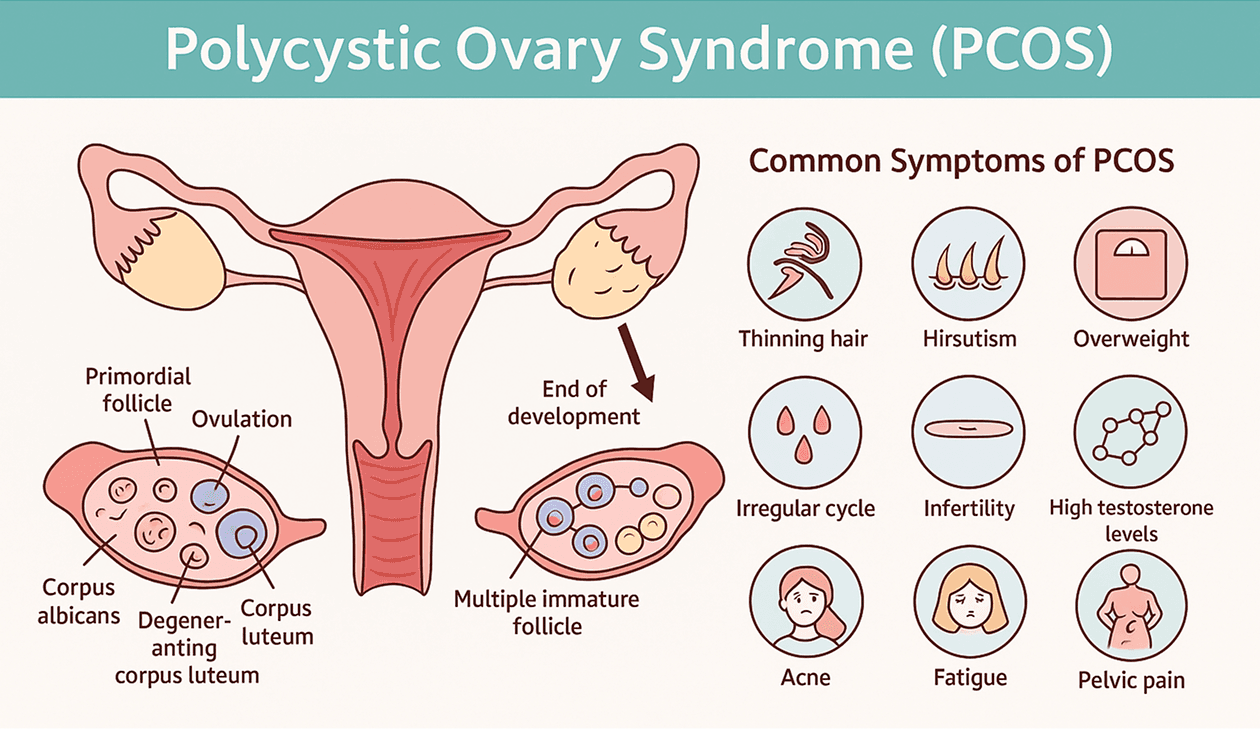PMOS medical infographic showing common symptoms and affected areas