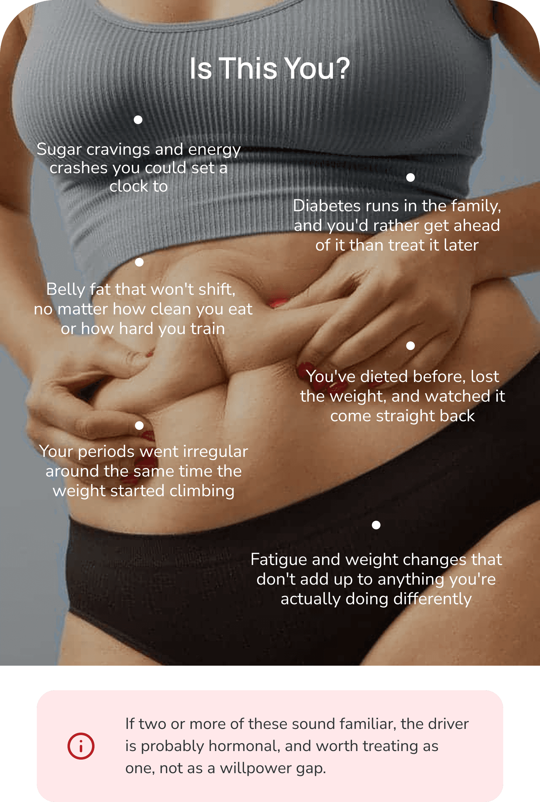 Is this you? Common hormonal weight patterns — irregular periods with weight gain, stubborn belly fat, sugar cravings, family history of diabetes, yo-yo dieting, and unexplained fatigue. If two or more sound familiar, the driver is probably hormonal.