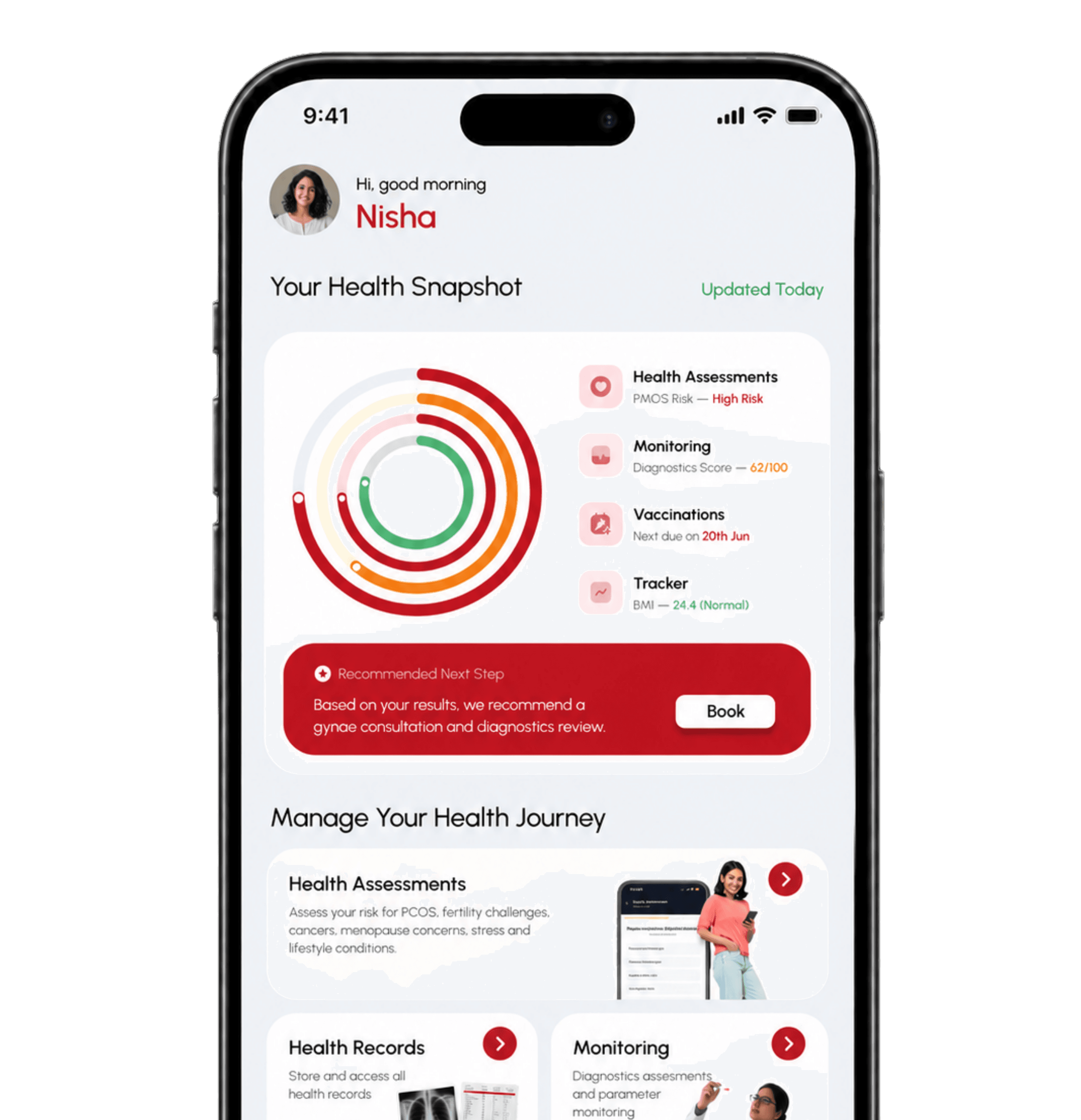 Newmi Care app on a smartphone showing health snapshot and journey tools