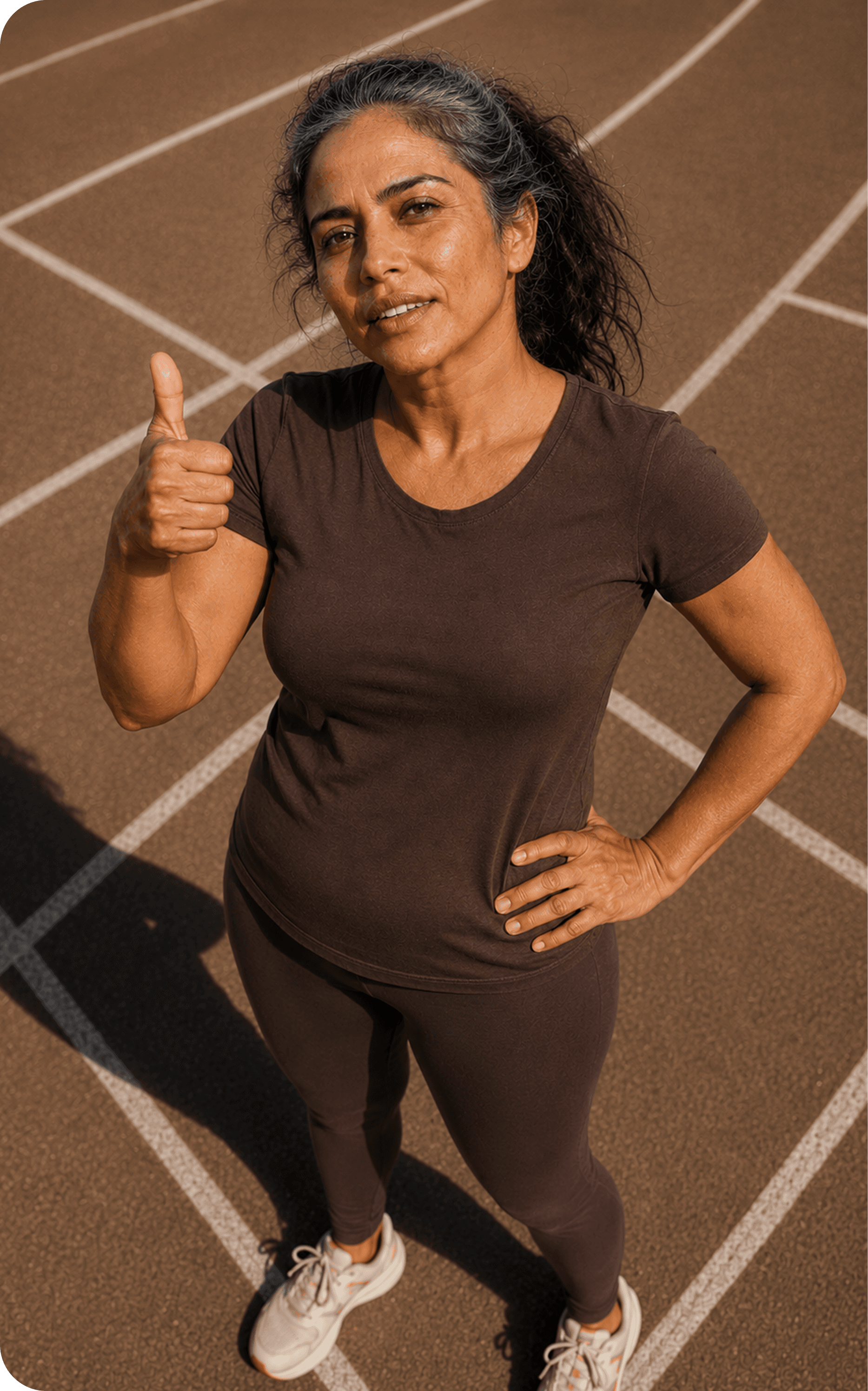 Woman celebrating fitness progress on a running track