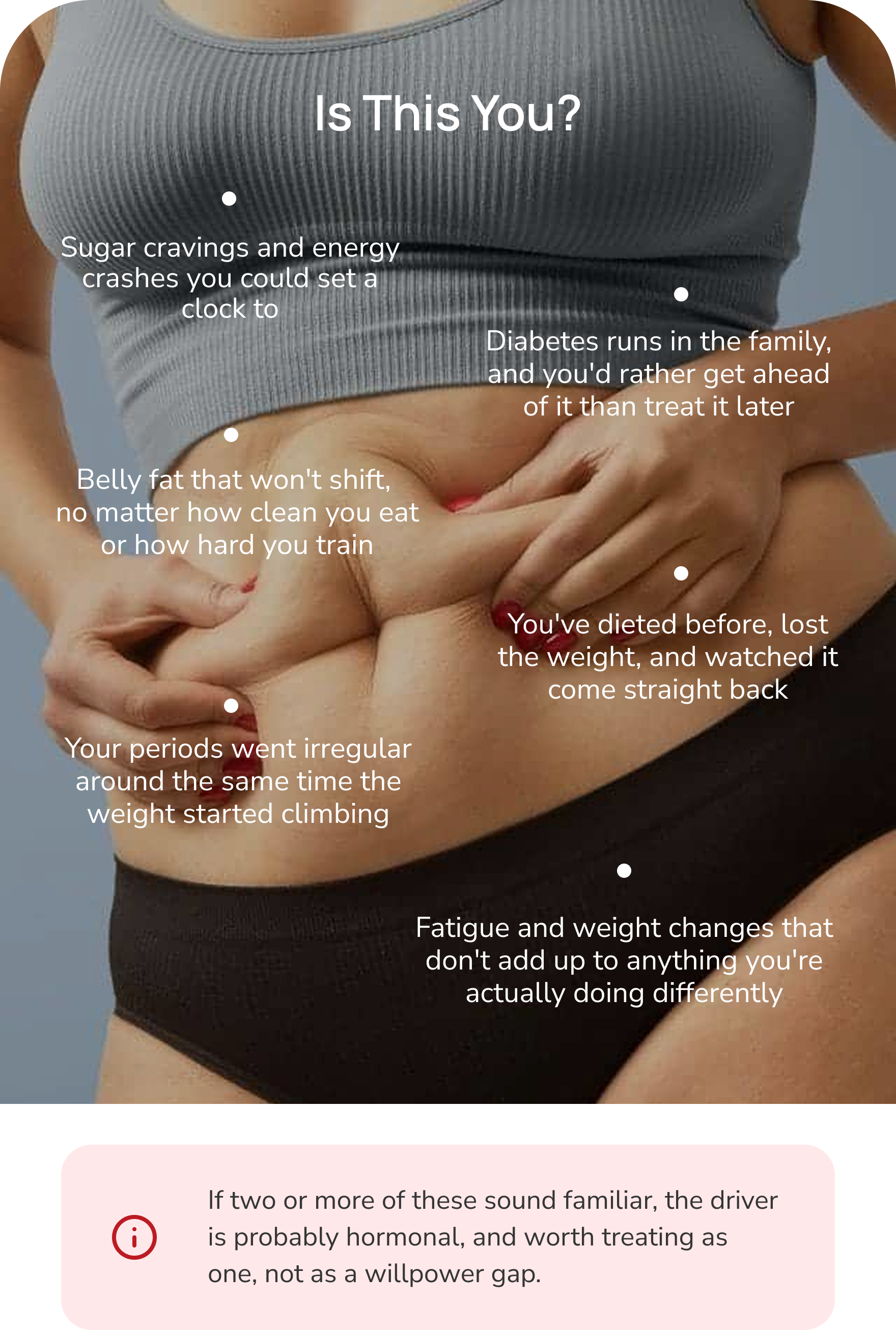 Is this you? Common hormonal weight patterns — irregular periods with weight gain, stubborn belly fat, sugar cravings, family history of diabetes, yo-yo dieting, and unexplained fatigue. If two or more sound familiar, the driver is probably hormonal.