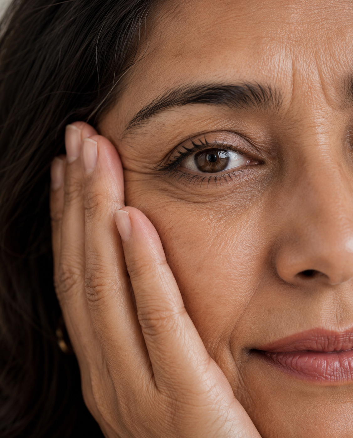Close-up of a woman's eye reflecting midlife wellness concerns