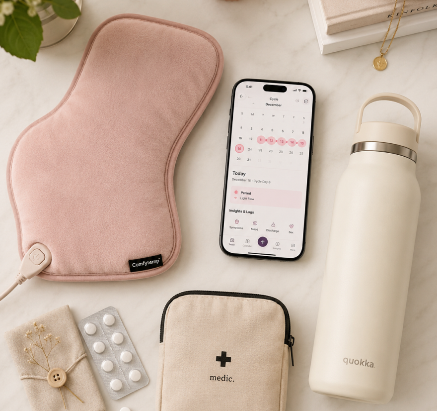 Period care essentials — heating pad, tracker, and comfort items