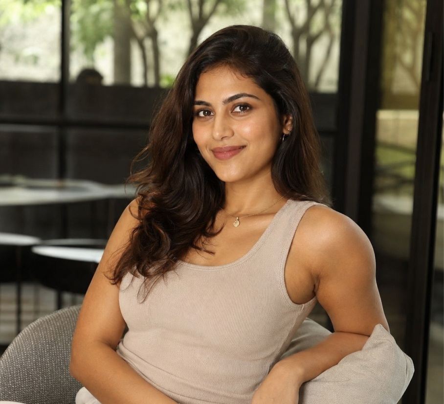 Woman smiling, representing period relief and wellness