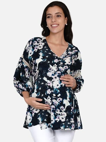 The Kaftan Company-Blue Brushed Floral Maternity and Nursing Wrap Top