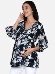 The Kaftan Company-Blue Brushed Floral Maternity and Nursing Wrap Top