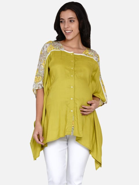 The Kaftan Company- Green Maternity Shirt with Floral Yoke