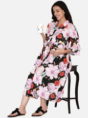 The Kaftan Company-Green and Pink Floral Maternity Dress With Button Detail and Gathered Sleeves