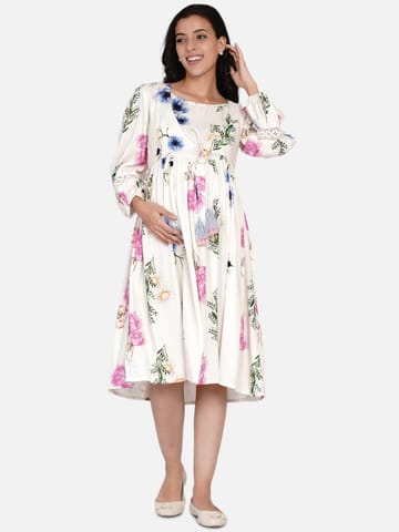 The Kaftan Company-Brushed Flora White Maternity and Nursing Dress