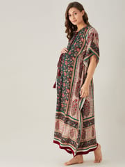 The Kaftan Company-Green And Red Florets Maternity and Feeding Kaftan