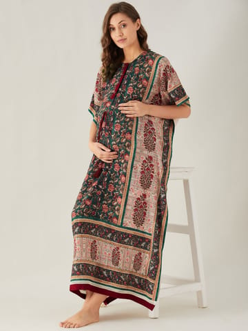 The Kaftan Company-Green And Red Florets Maternity and Feeding Kaftan