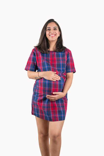 Chicmomz Folded Sleeves Check Short Maternity Dress in Red Checks