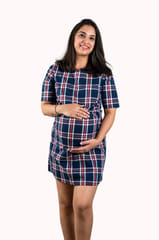Chicmomz Folded Sleeves Check Short Maternity Dress in Blue Checks