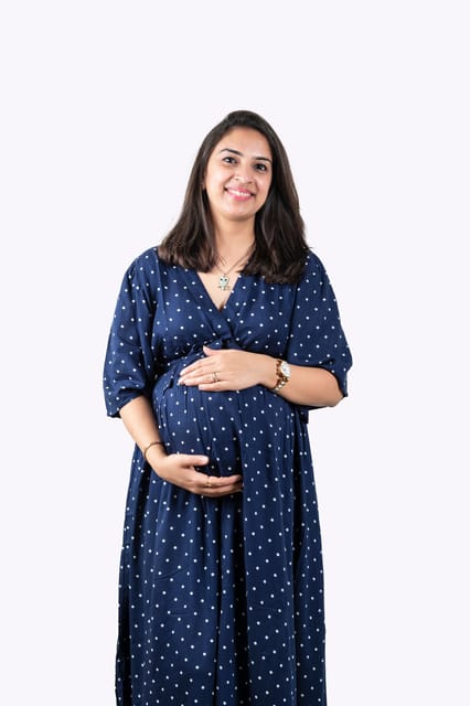 Chicmomz Umbrella Sleeves Maxi Maternity Dress in Blue Polka