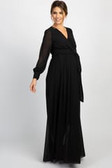 Plum and Peaches Long Sleeve Pleated Maternity Black Gown