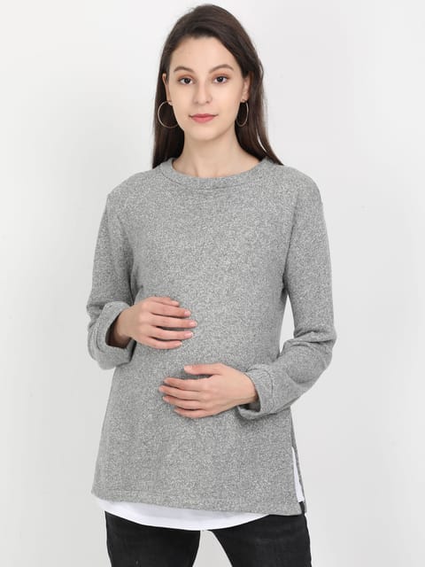 The Mom Store Grey Melange with White Sleeveless Inner Maternity and Nursing Sweatshirt 2 Piece Set