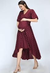 Mometernity Wine Polka Dot Hi-lo Maternity & Nusing Dress