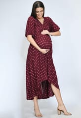 Mometernity Wine Polka Dot Hi-lo Maternity & Nusing Dress