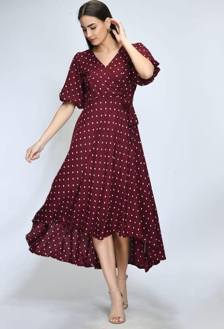 Mometernity Wine Polka Dot Hi-lo Maternity & Nusing Dress