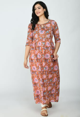 Mometernity Orange Floral Cotton Maternity & Nursing Kurta