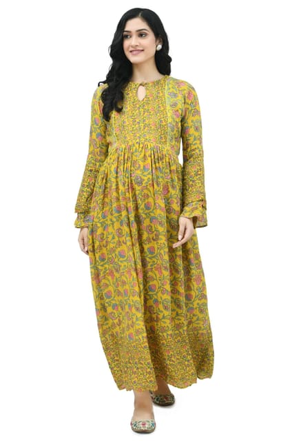 Mometernity Mustard Floral Maternity & Nursing Maxi Kurta Dress