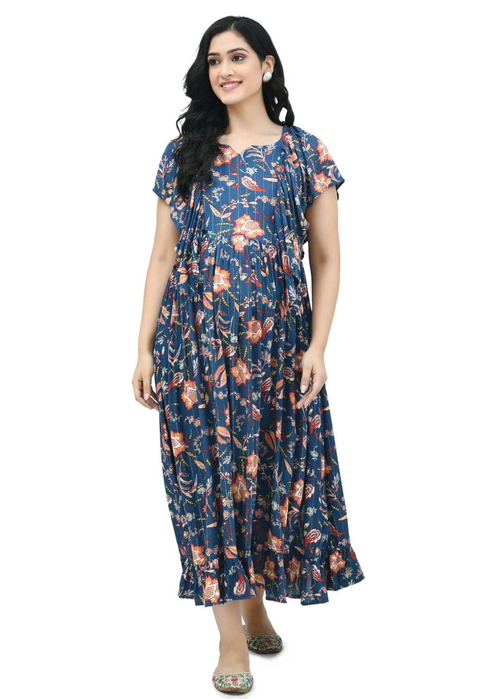 Mometernity Blue Floral Lurex Maternity & Nursing Midi Dress