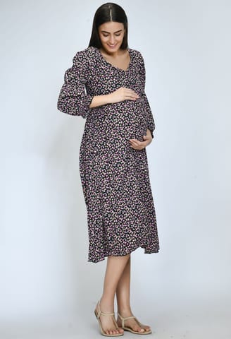 Mometernity Black Floral Disty Print Moss Crape Maternity & Nursing Dress