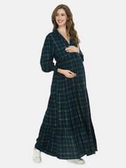 Mometernity Green Lurex All Over Check Print Maternity Nursing Maxi Dress