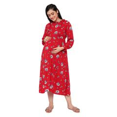 Mometernity Red Floral Ruffle Design Maternity & Nursing Dress