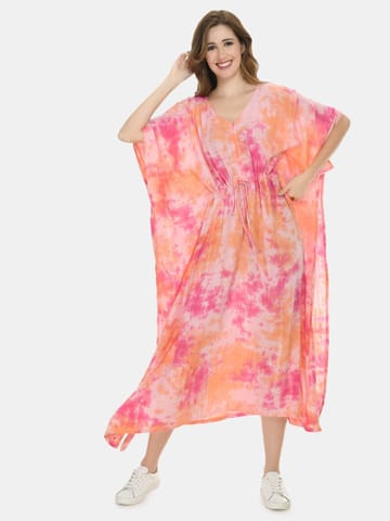 Mometernity Pink Tie & Dye Print  Maternity & Nursing Lurex Kaftan with Zip