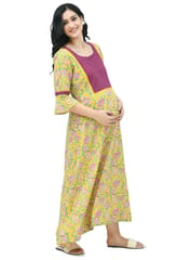 Mometernity Green & Wine Floral Maternity Nursing Nighty Maxi with Zip