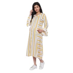 Mometernity Yellow White Striped Ruffle Sleeves Maternity & Nursing Dress