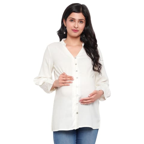 Mometernity Off White Solid Button Down Maternity & Nursing Shirt