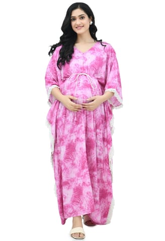 Mometernity Pink Tie & Dye Print  Maternity & Nursing Kaftan with Zip