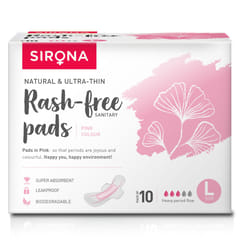 Sirona Natural Biodegradable Super Soft Pink Sanitary Pads/Napkins  -  10 Pieces, Large (L)