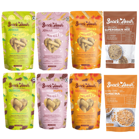 SnackAmor Party Snacks-Chatpata Supergrain Mix, Cripy Oats Tomatina, Jowar Sticks and Quinoa Puffs, 3 different Flavors (Pack of 8 - 500g)