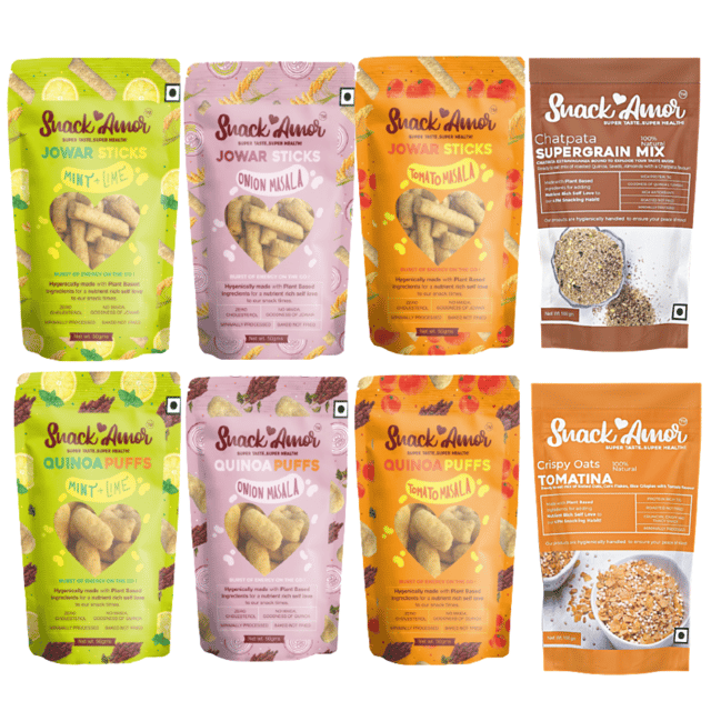 SnackAmor Party Snacks-Chatpata Supergrain Mix, Cripy Oats Tomatina, Jowar Sticks and Quinoa Puffs, 3 different Flavors (Pack of 8 - 500g)