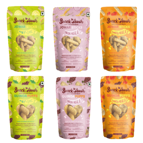 SnackAmor Tea Time Healthy Snacks-Jowar Sticks and Quinoa Puffs, 3 Flavors Each (Pack of 6 - 300g)