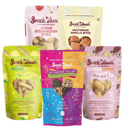 SnackAmor On The Go Healthy Bites-Multigrain Vanilla & Jowar Strawberry Bites, Jowar Sticks & Quinoa Puffs And Mini Protein Bars (Pack of 5 - 500g)