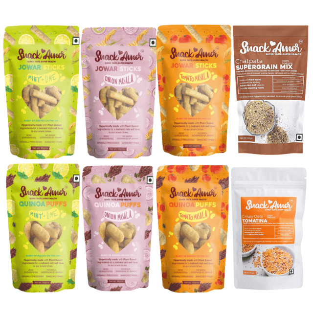 SnackAmor Netflix Buddy-Chatpata Supergrain Mix, Crispy Oats Tomatina, Jowar & Quinoa, 3 Variety Flavors (Pack of 8 - 500g)