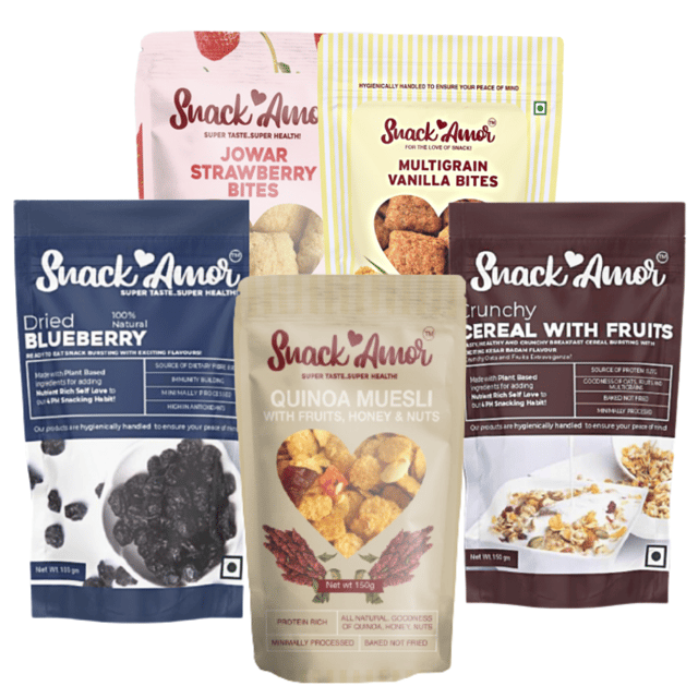 SnackAmor Mom and Kids Delight-Multigrain Vanilla & Jowar Strawberry Bites, Quinoa Muesli, Dried Blueberries & Crunchy Cereals with Fruits (Pack of 5)