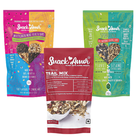 SnackAmor Fitness Buddy Pack-Mini Protein Bars, Trail Mix and Spirulina Chikki Bars (Pack of 3)