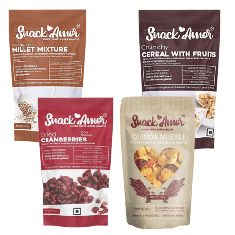 SnackAmor Breakfast Buddy-Millet Mixture, Quinoa Muesli, Crunchy Cereals with Fruits & Dried Cranberry (Pack of 4)