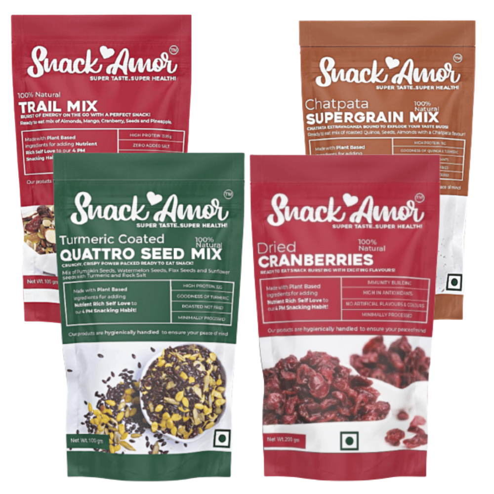 SnackAmor Antioxidant Mix-Dried Cranberries, Quattro Seeds Mix, Chatpata Supergrain Mix And Trail Mix (Pack of 4 - 500g)