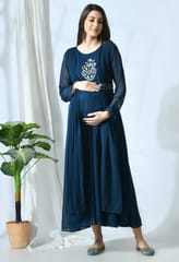 Mometernity Teal Floral Embroidery Indo-Western Maternity and Nursing Gown with Belt