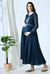 Mometernity Teal Floral Embroidery Indo-Western Maternity and Nursing Gown with Belt