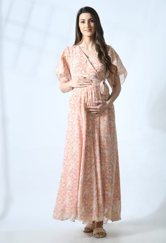 Mometernity Baby Pink All Over Floral Print Maternity and Nursing Maxi Dress