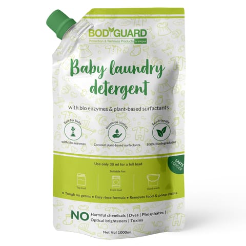 BodyGuard Plant Based Baby Laundry Liquid Detergent - 1 Liter (Pouch) with Bio-Enzymes and Lemon Oil