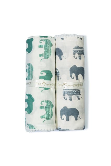 The Mama Project Elephant Parade Organic Muslin Swaddle Sheets- Pack Of 2