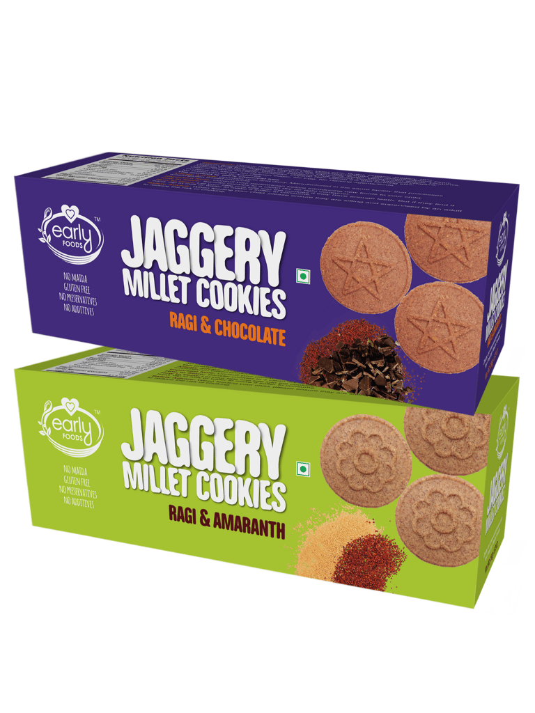 Early Foods Assorted Pack of 2 - Ragi Amaranth and Ragi Choco Jaggery Cookies X 2, 150g each